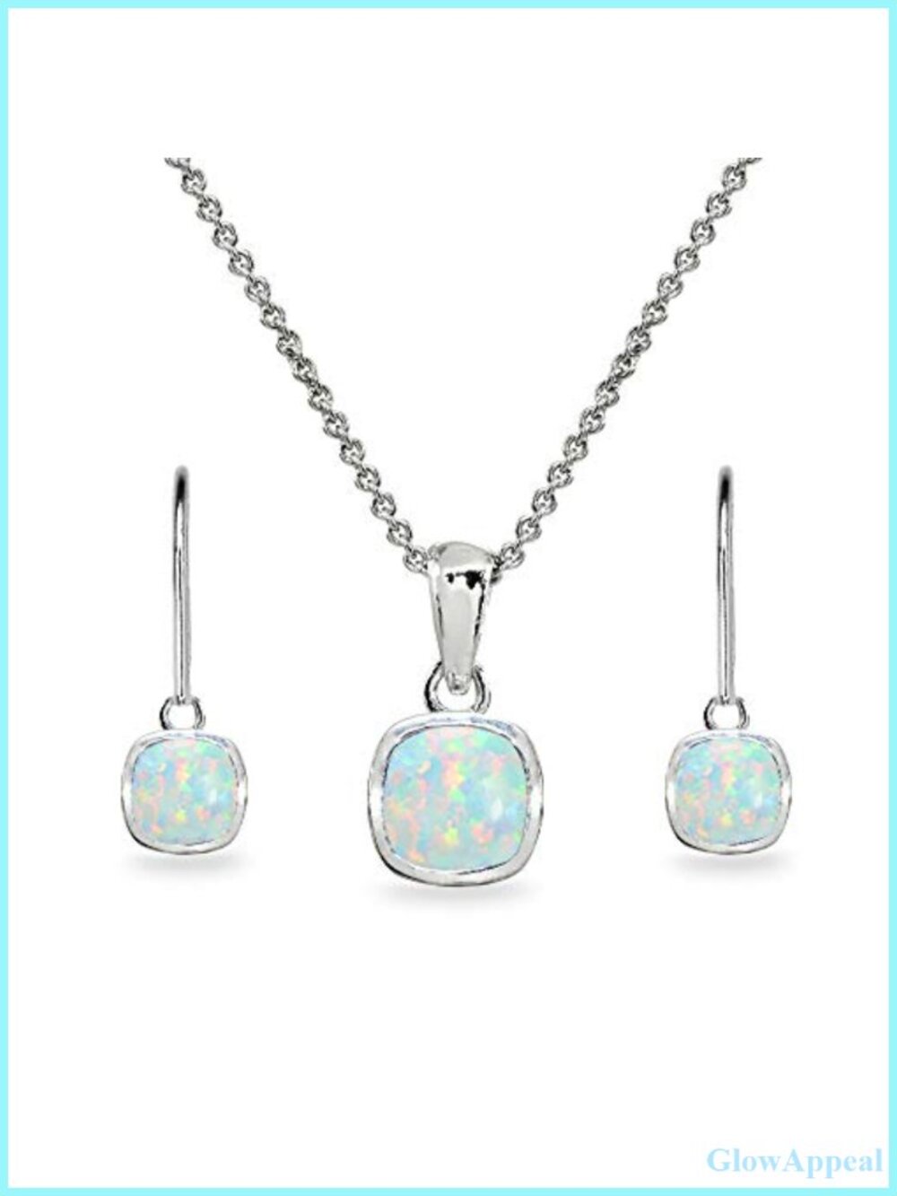 Sterling Silver Opal Cushion Bezel Pendant Necklace Dangle Earrings Set